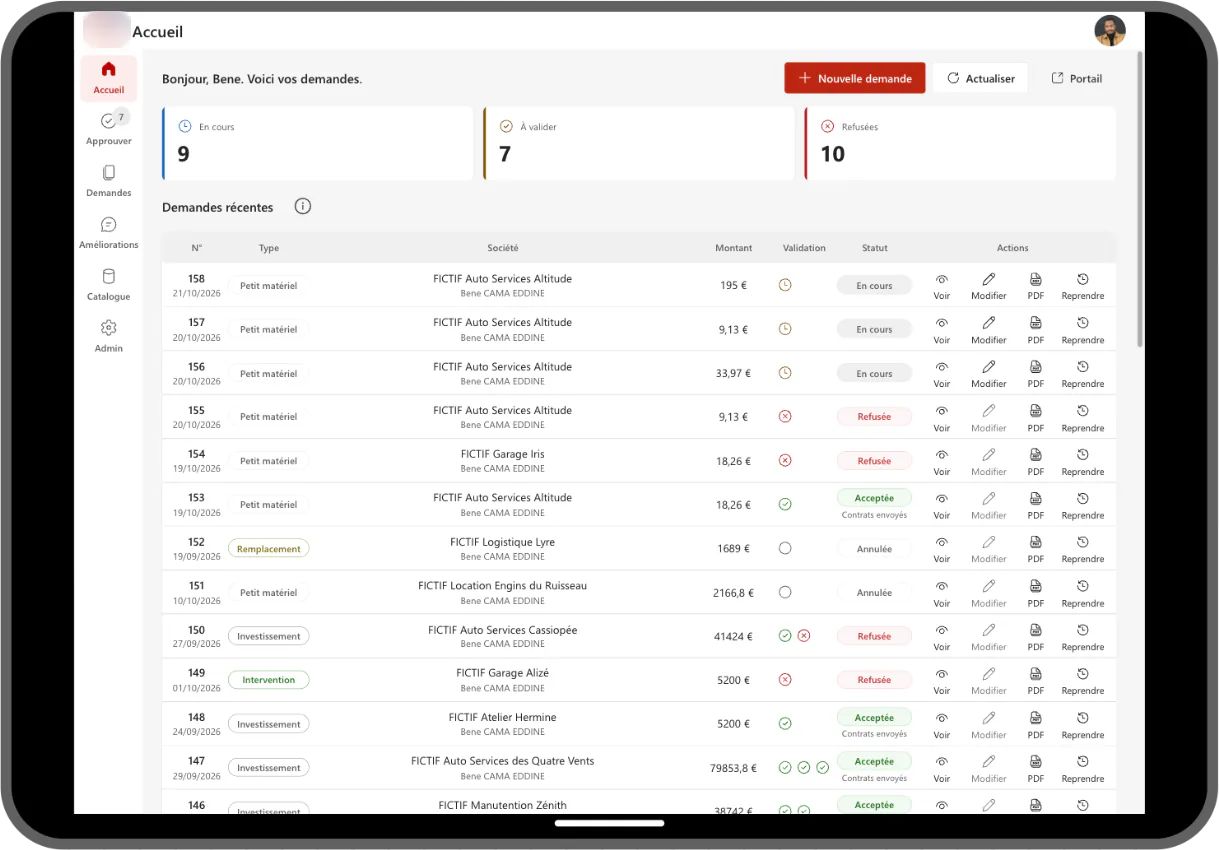 Accueil de l'application de demandes d'équipement sur tablette : indicateurs en cours, à valider et refusées, puis tableau des demandes récentes avec leur validation et leur statut.