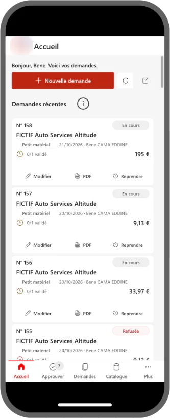 Accueil de l'application de demandes d'équipement sur téléphone : demandes récentes avec leur numéro, leur statut, leur montant et les actions Modifier, PDF et Reprendre.