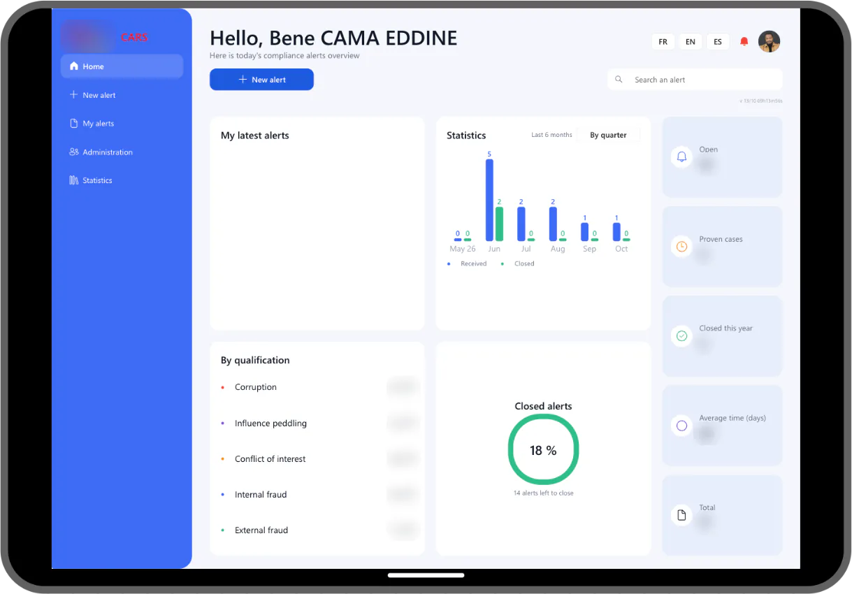 Accueil du canal de signalement sur tablette : statistiques des signalements reçus et clôturés, répartition par qualification et choix de la langue de l'interface.